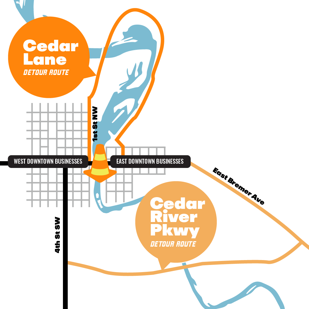 Waverly Detour Routes Map: Cedar Lane and Cedar River Pkwy